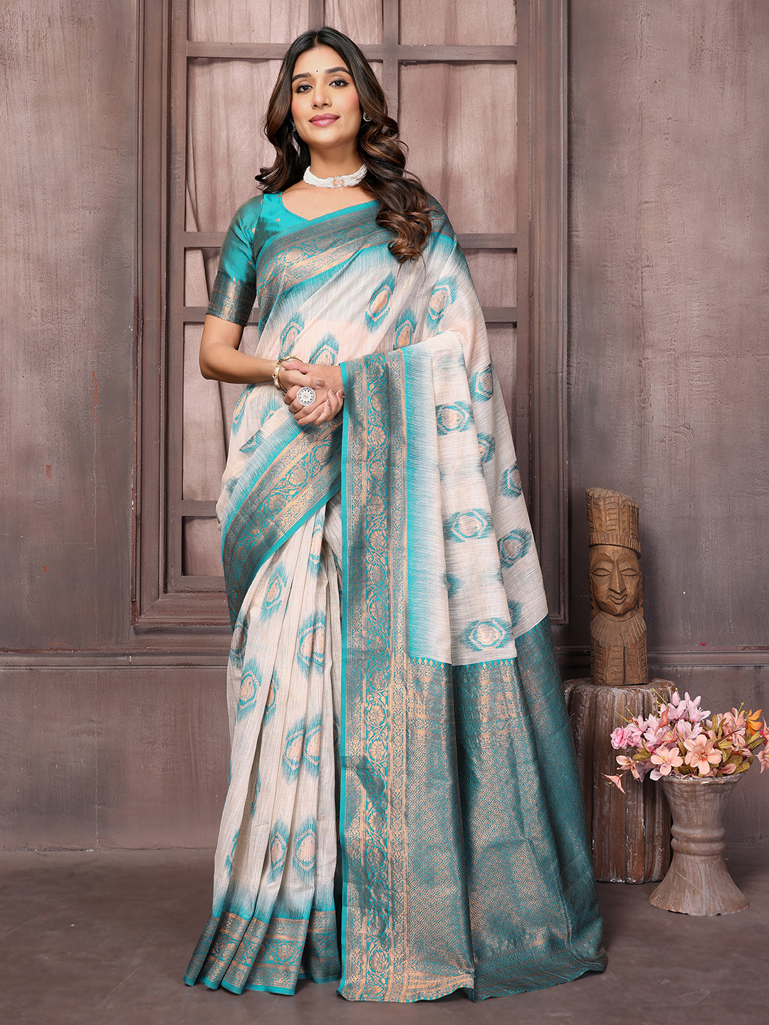 Janasya Beige & Teal Blue Cotton Linen Ethnic Motifs Kanjivaram Saree | Swadesiicart