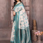 Janasya Beige & Teal Blue Cotton Linen Ethnic Motifs Kanjivaram Saree | Swadesiicart