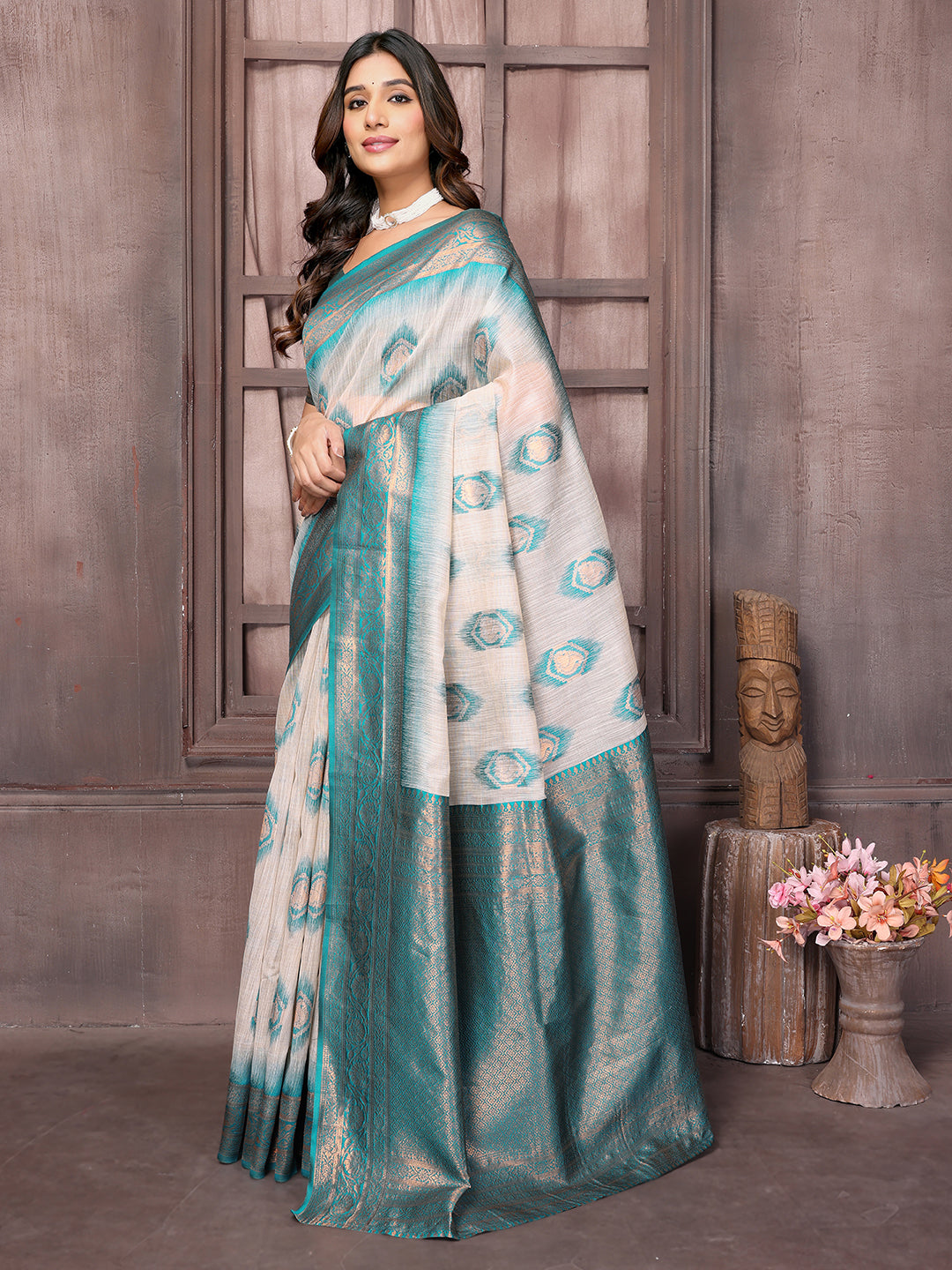 Janasya Beige & Teal Blue Cotton Linen Ethnic Motifs Kanjivaram Saree | Swadesiicart