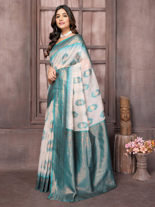 Janasya Beige & Teal Blue Cotton Linen Ethnic Motifs Kanjivaram Saree | Swadesiicart