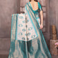 Janasya Beige & Teal Blue Cotton Linen Ethnic Motifs Kanjivaram Saree | Swadesiicart