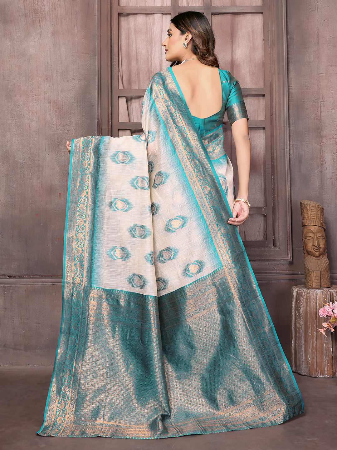 Janasya Beige & Teal Blue Cotton Linen Ethnic Motifs Kanjivaram Saree | Swadesiicart