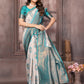 Janasya Beige & Teal Blue Cotton Linen Ethnic Motifs Kanjivaram Saree | Swadesiicart