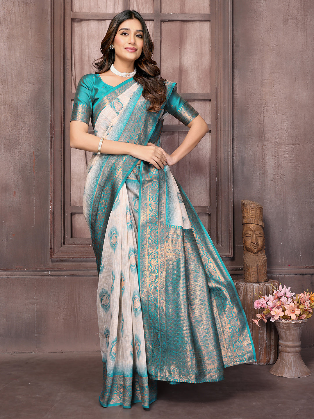 Janasya Beige & Teal Blue Cotton Linen Ethnic Motifs Kanjivaram Saree | Swadesiicart