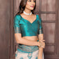 Janasya Beige & Teal Blue Cotton Linen Ethnic Motifs Kanjivaram Saree | Swadesiicart