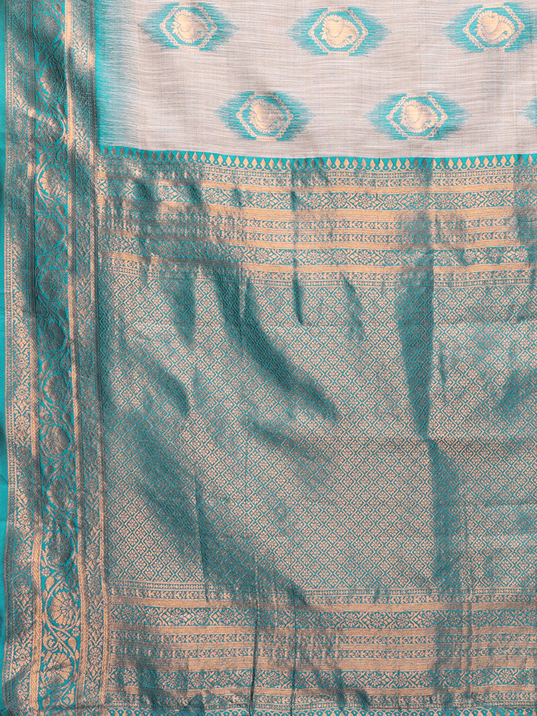 Janasya Beige & Teal Blue Cotton Linen Ethnic Motifs Kanjivaram Saree | Swadesiicart