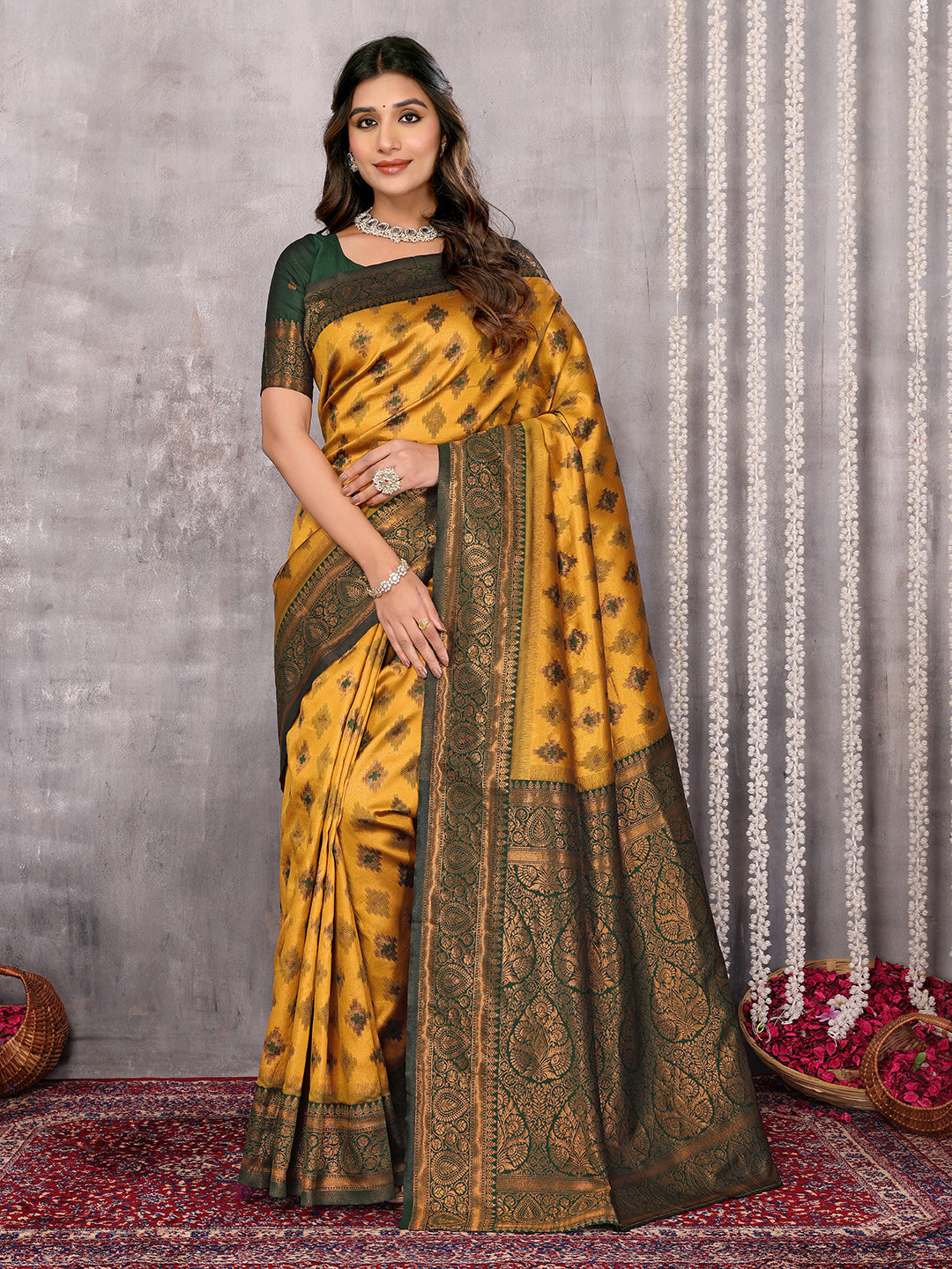 Janasya Mustard Silk Blend Ethnic Motifs Kanjivaram Saree | Swadesiicart