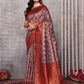 Janasya Grey & Maroon Silk Blend Ethnic Motifs Kanjivaram Saree | Swadesiicart