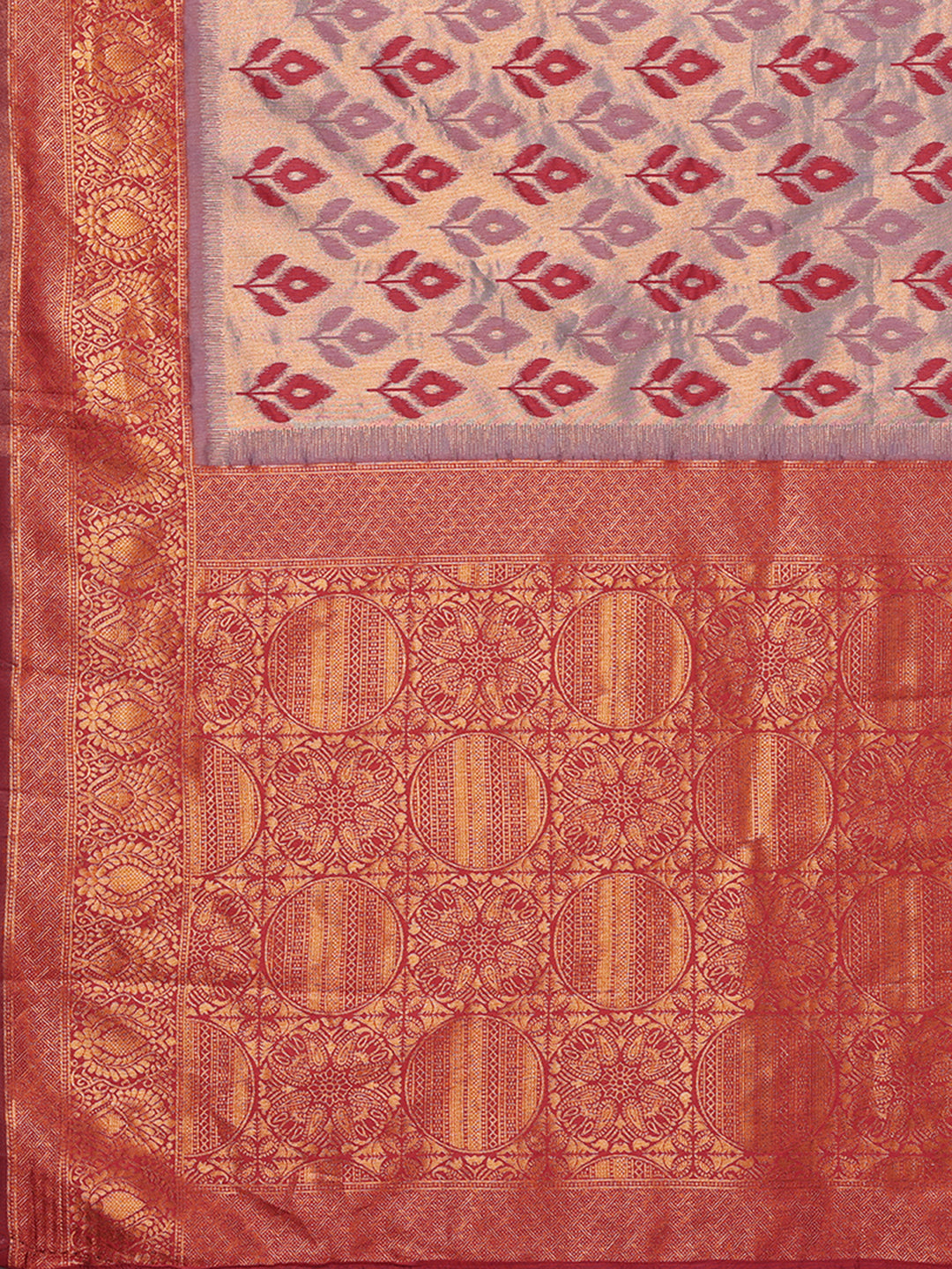 Janasya Grey & Maroon Silk Blend Ethnic Motifs Kanjivaram Saree | Swadesiicart
