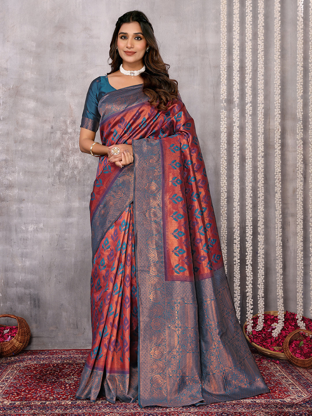 Janasya Purple & Copper Silk Blend Ethnic Motifs Kanjivaram Saree | Swadesiicart