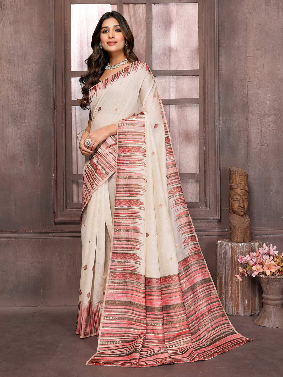 Janasya Beige Chanderi Geometric Woven Saree | Swadesiicart