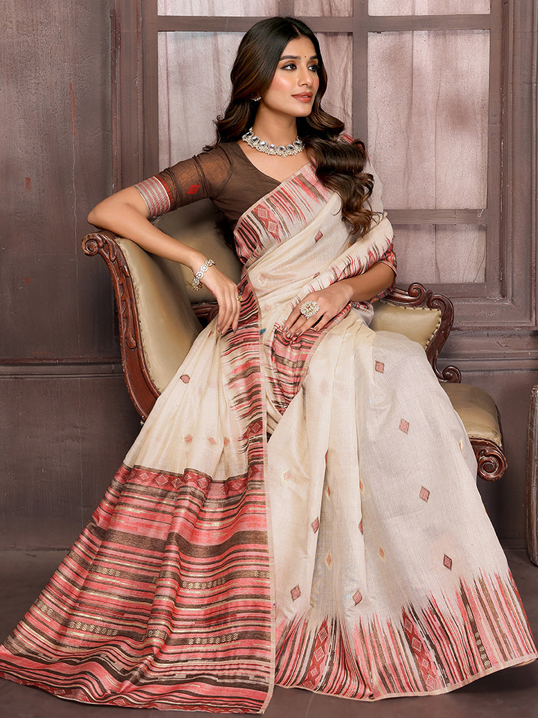 Janasya Beige Chanderi Geometric Woven Saree | Swadesiicart