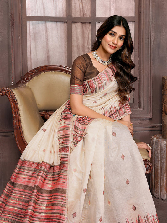 Janasya Beige Chanderi Geometric Woven Saree | Swadesiicart