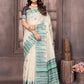 Janasya Beige & Blue Chanderi Geometric Woven Saree | Swadesiicart