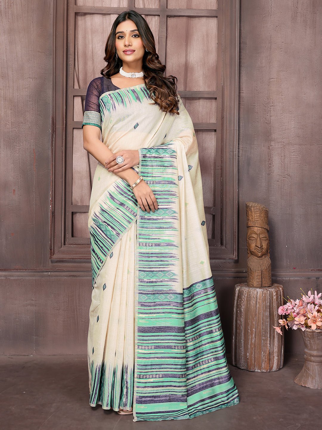 Janasya Beige & Blue Chanderi Geometric Woven Saree | Swadesiicart