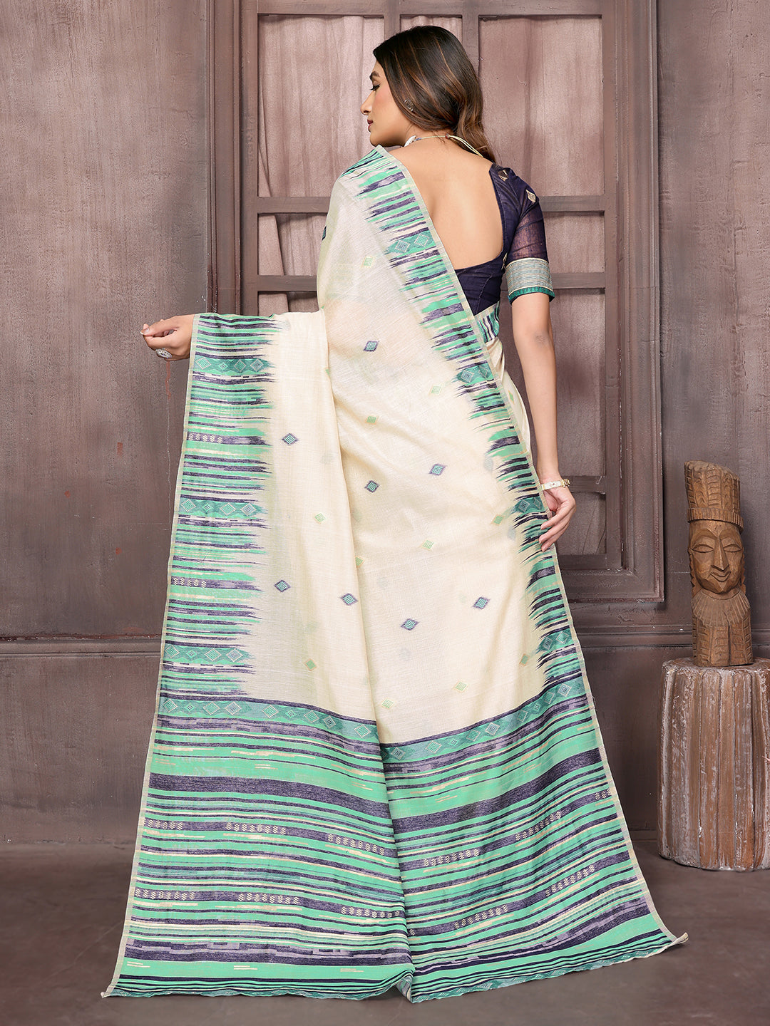 Janasya Beige & Blue Chanderi Geometric Woven Saree | Swadesiicart