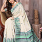 Janasya Beige & Blue Chanderi Geometric Woven Saree | Swadesiicart