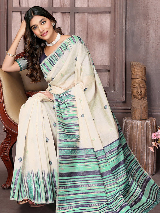 Janasya Beige & Blue Chanderi Geometric Woven Saree | Swadesiicart