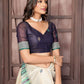 Janasya Beige & Blue Chanderi Geometric Woven Saree | Swadesiicart
