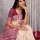 Janasya Beige & Mauve Cotton Linen Geometric Woven Saree | Swadesiicart