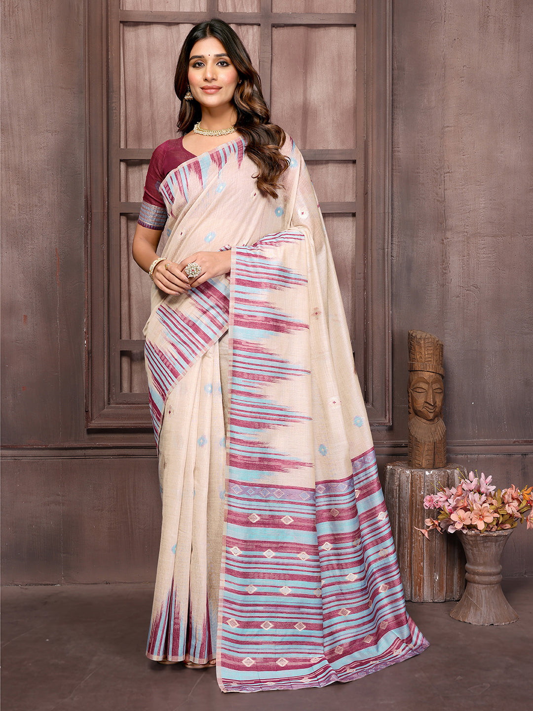 Janasya Beige & Wine Chanderi Geometric Woven Saree | Swadesiicart