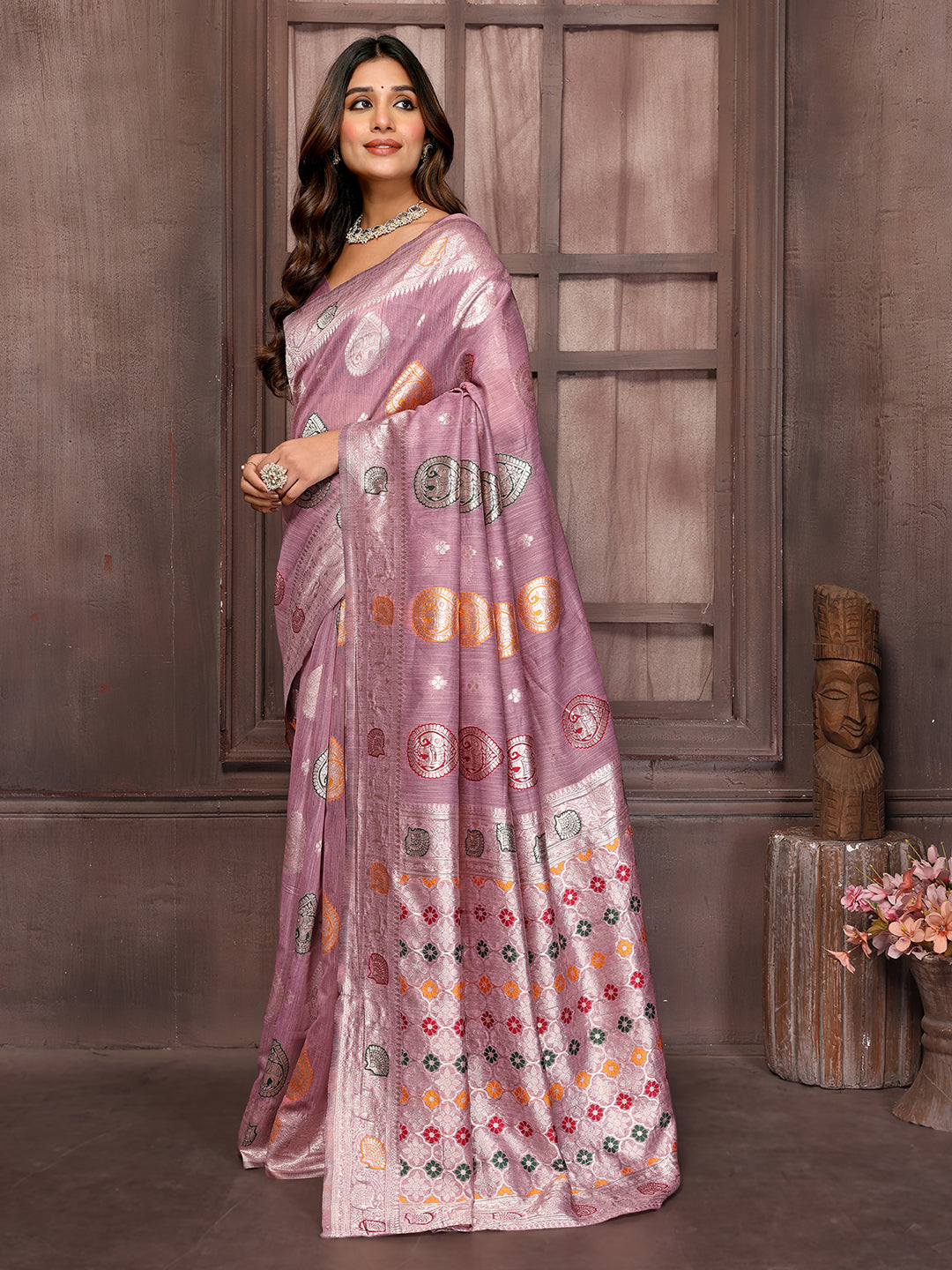 Janasya Mauve Cotton Linen Ethnic Print Woven Saree | Swadesiicart