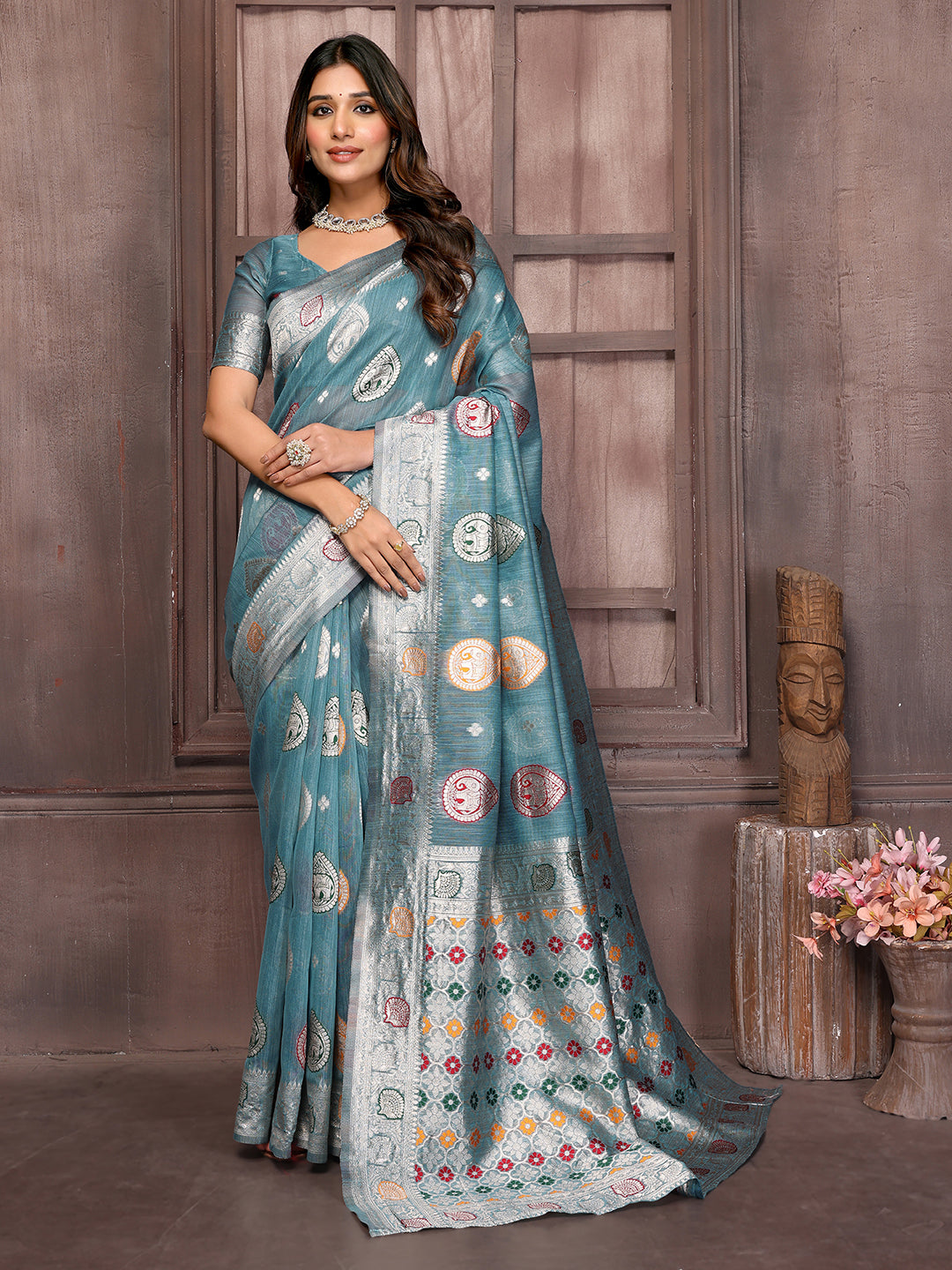 Janasya Blue Cotton Linen Ethnic Motifs Kanjivaram Saree | Swadesiicart