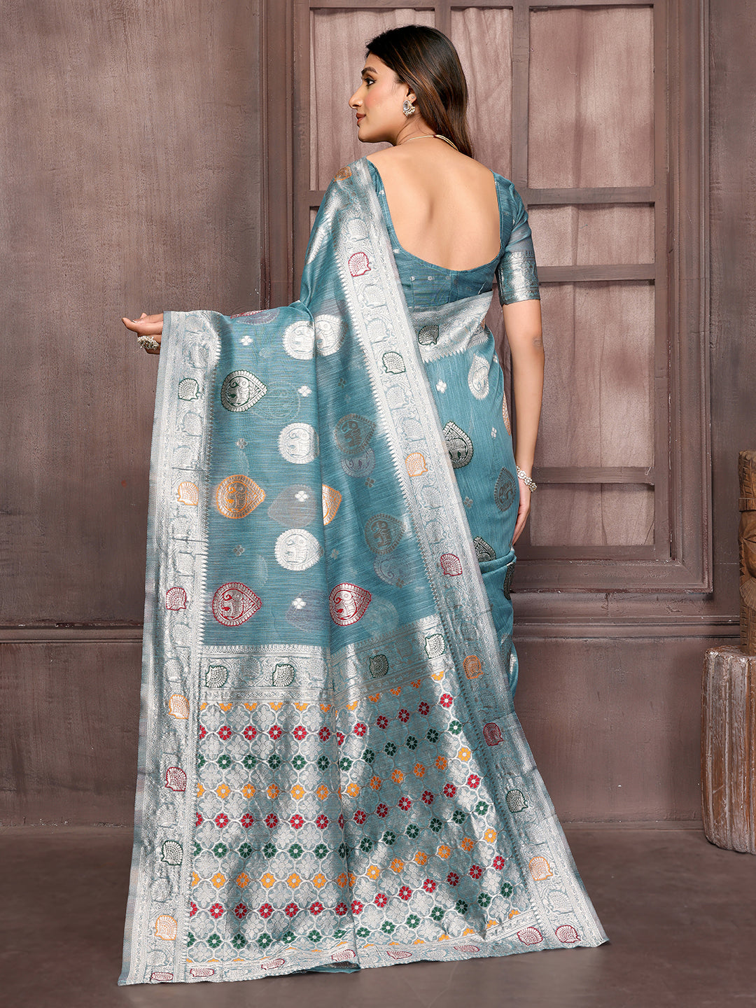 Janasya Blue Cotton Linen Ethnic Motifs Kanjivaram Saree | Swadesiicart