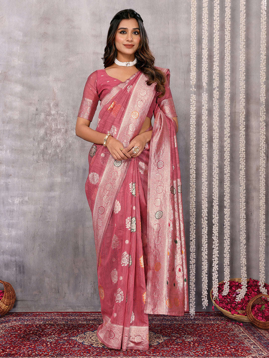 Janasya Pink Cotton Linen Floral Woven Saree | Swadesiicart