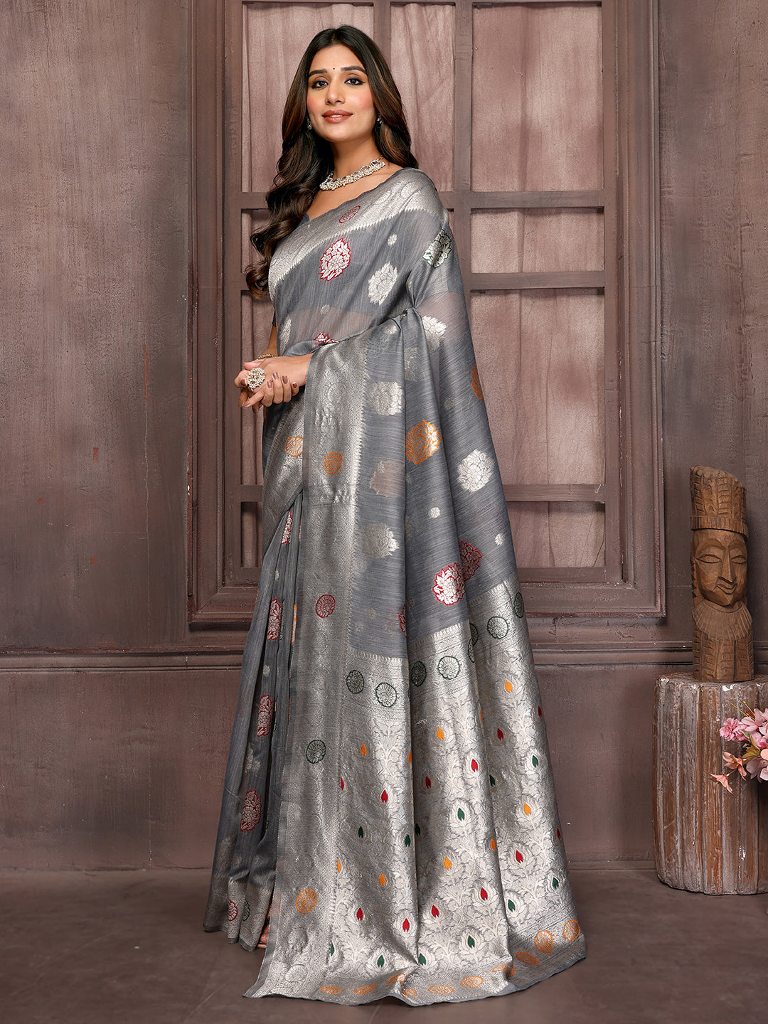 Janasya Grey Cotton Linen Ethnic Motifs Woven Saree | Swadesiicart