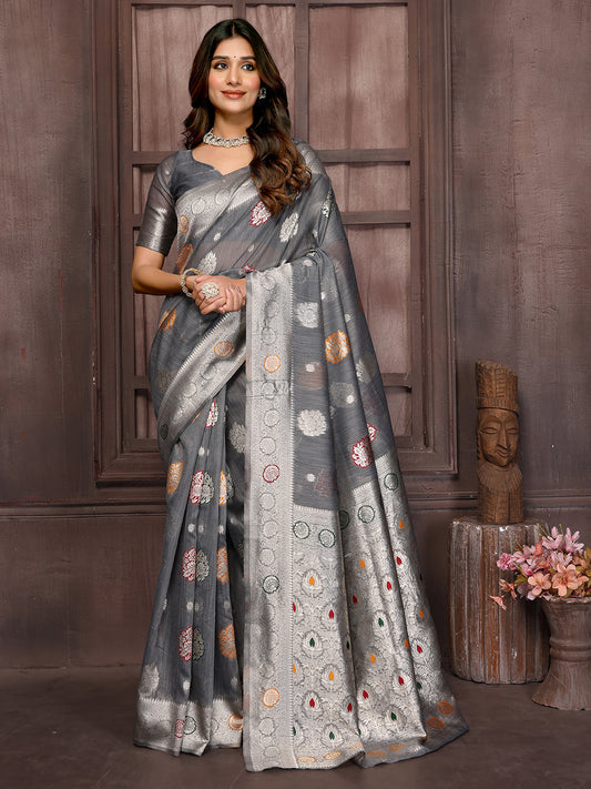 Janasya Grey Cotton Linen Ethnic Motifs Woven Saree | Swadesiicart