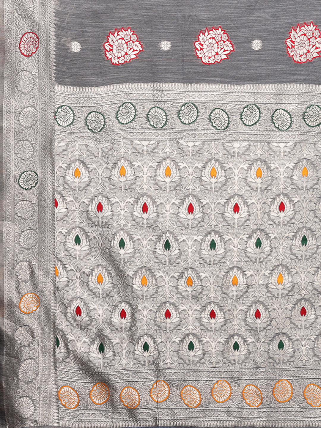 Janasya Grey Cotton Linen Ethnic Motifs Woven Saree | Swadesiicart