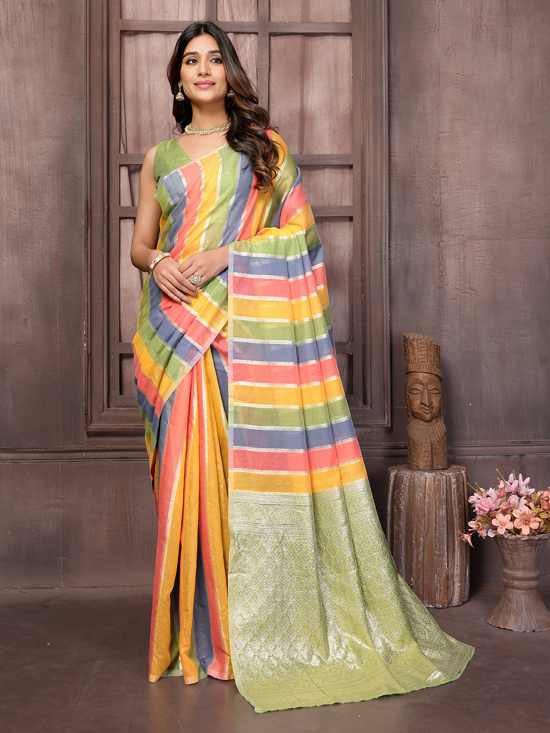 Janasya Multicolor Cotton Striped Woven Saree | Swadesiicart