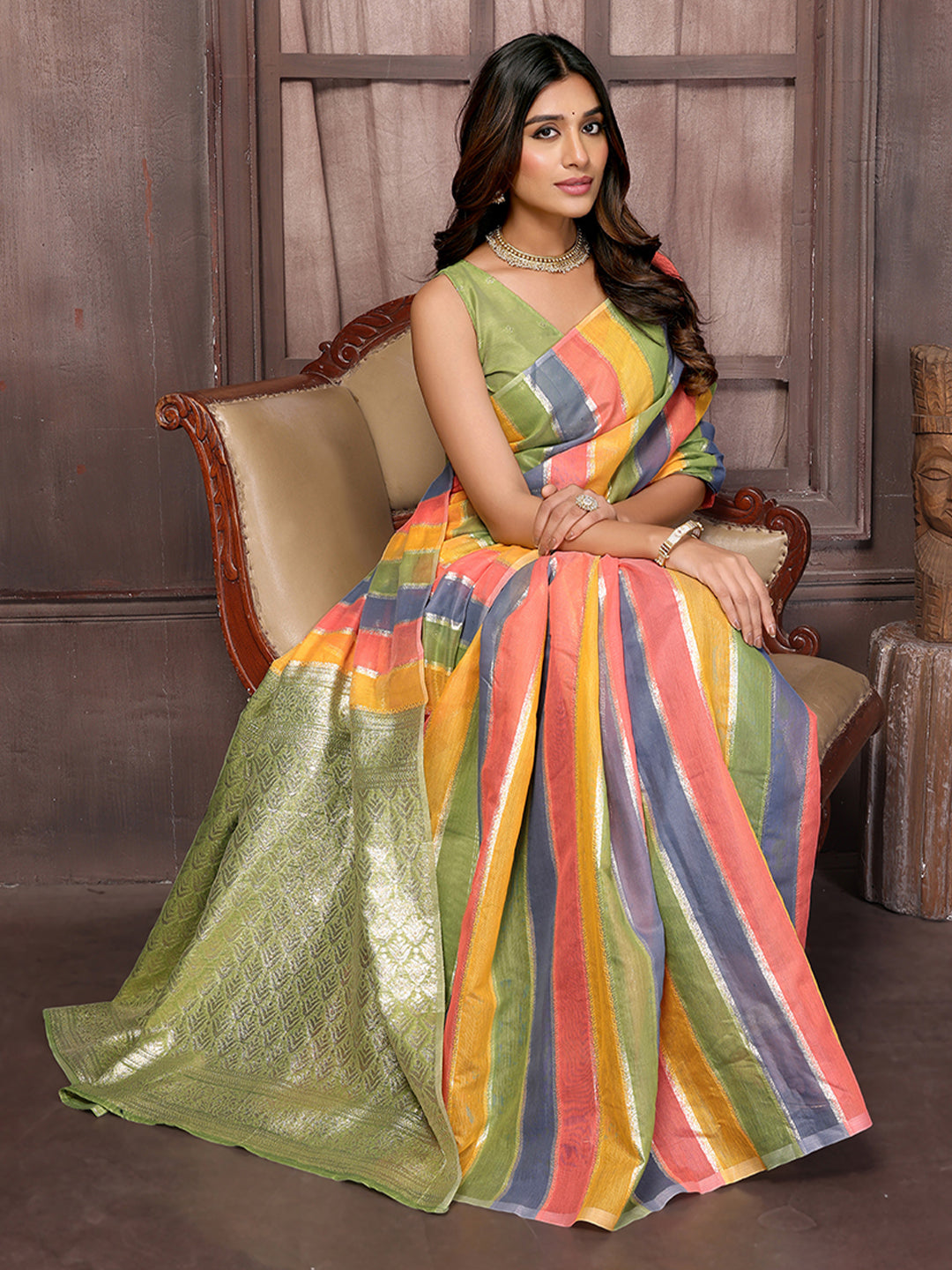 Janasya Multicolor Cotton Striped Woven Saree | Swadesiicart