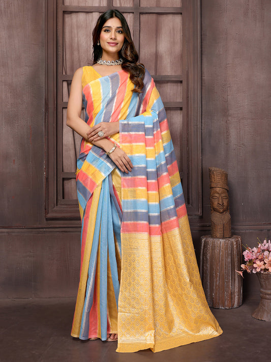 Janasya Multicolor Cotton Striped Woven Saree | Swadesiicart