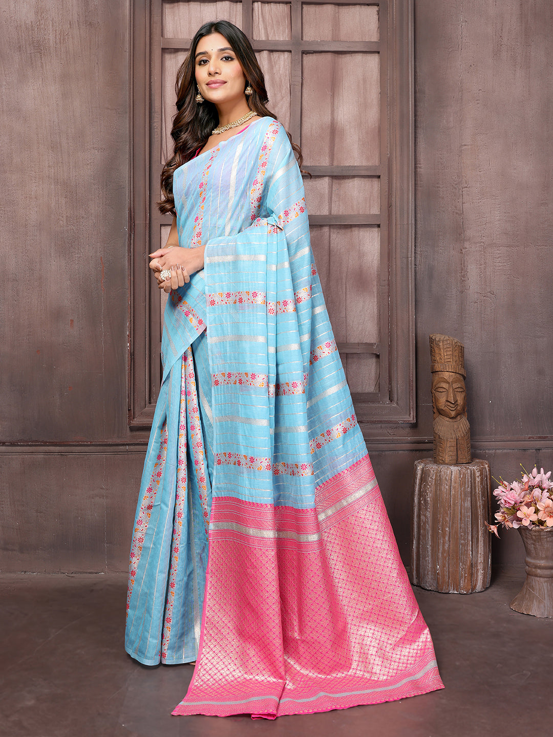 Janasya Light Blue Cotton Ethnic Print Jacquard Saree | Swadesiicart