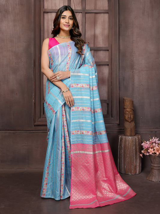 Janasya Light Blue Cotton Ethnic Print Jacquard Saree | Swadesiicart