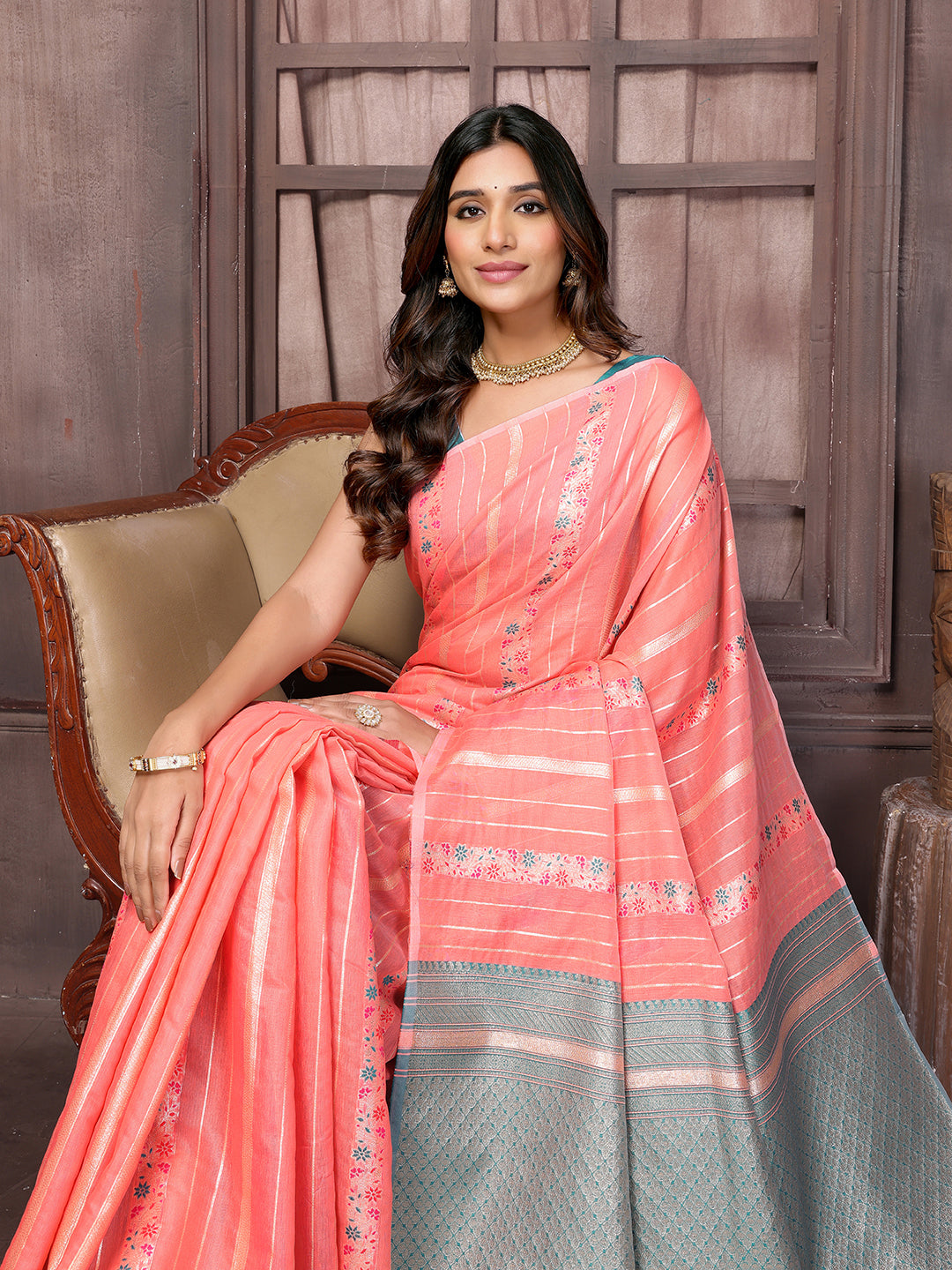 Janasya Peach Cotton Ethnic Print Jacquard Saree | Swadesiicart