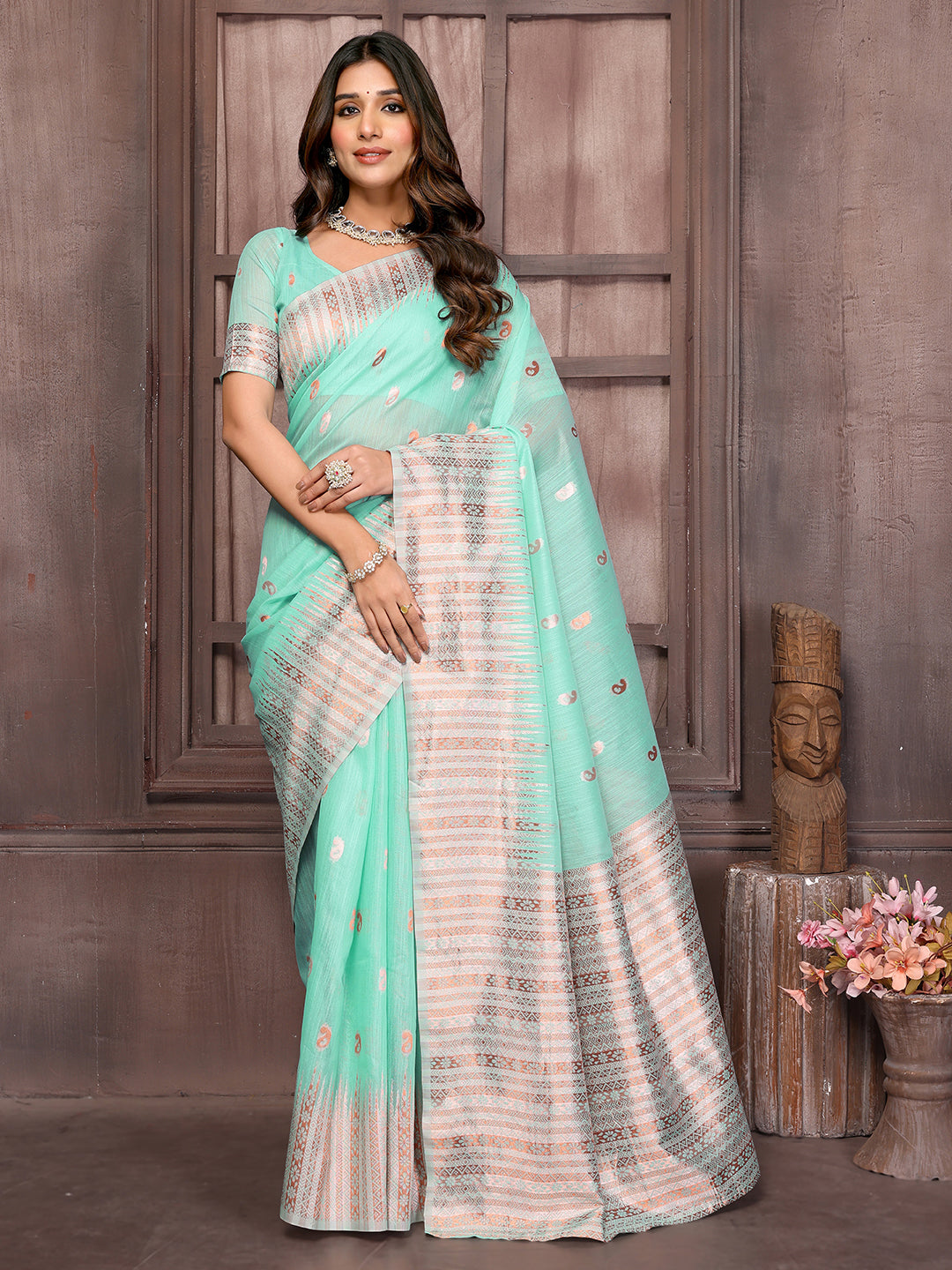 Janasya Light Blue Cotton Linen Paisley Woven Saree | Swadesiicart