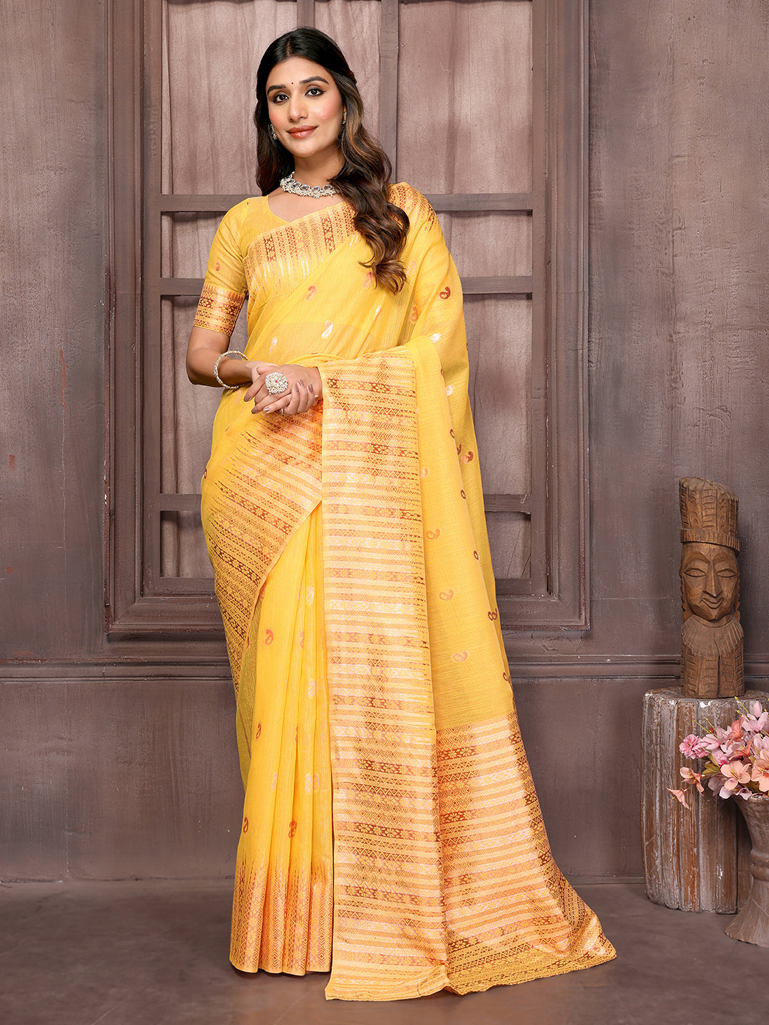 Janasya Yellow Cotton Linen Paisley Woven Saree | Swadesiicart