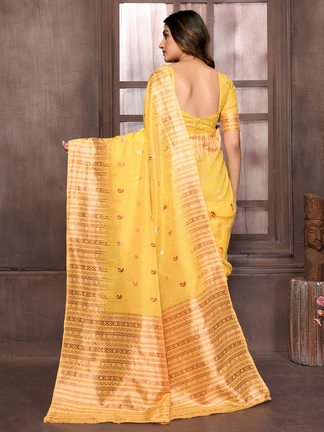 Janasya Yellow Cotton Linen Paisley Woven Saree | Swadesiicart
