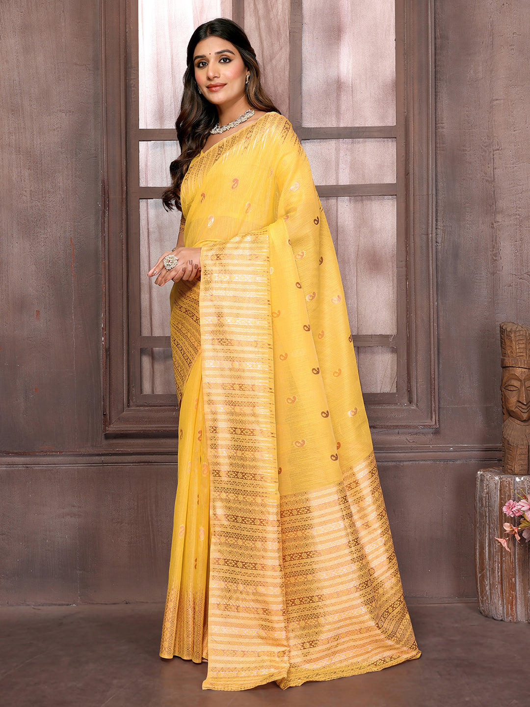Janasya Yellow Cotton Linen Paisley Woven Saree | Swadesiicart