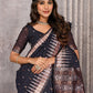 Janasya Black Cotton Linen Geometric Woven Saree | Swadesiicart