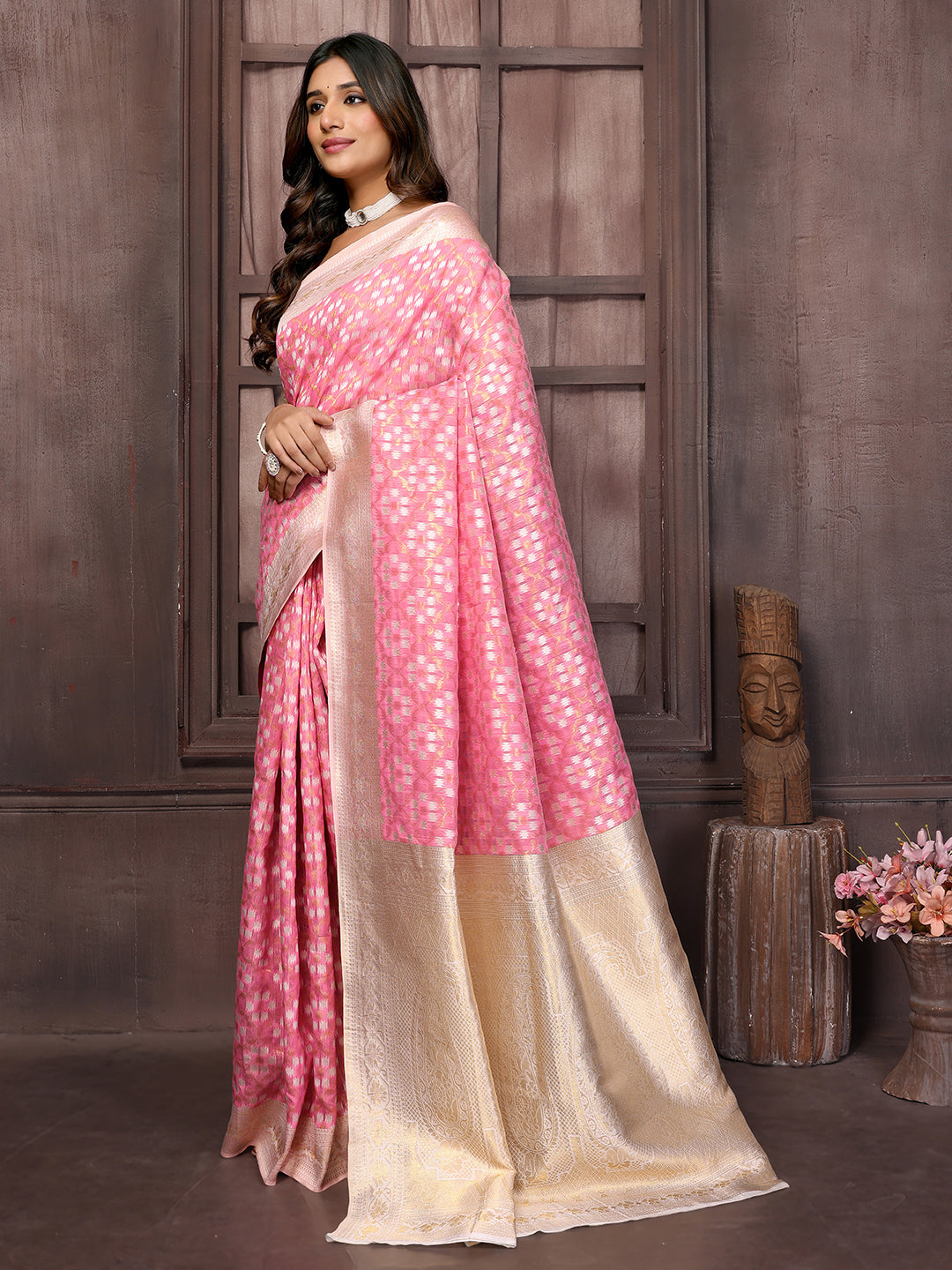 Janasya Pink Cotton Ethnic Motifs Woven Saree | Swadesiicart
