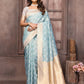 Janasya Light Blue Cotton Ethnic Motifs Woven Saree | Swadesiicart