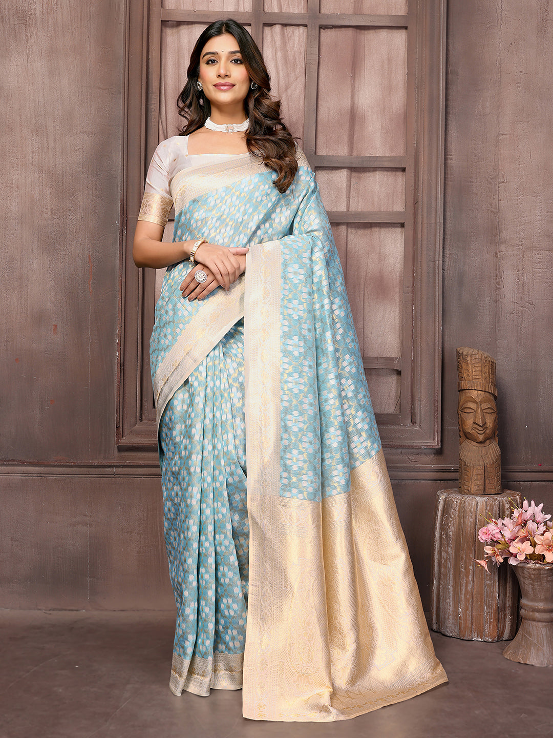 Janasya Light Blue Cotton Ethnic Motifs Woven Saree | Swadesiicart