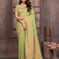 Janasya Green Cotton Linen Ethnic Print Kanjivaram Saree | Swadesiicart
