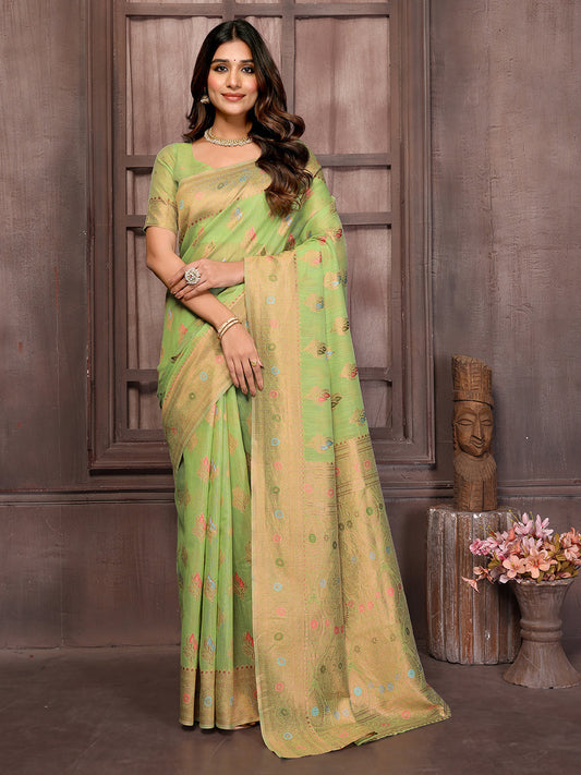 Janasya Green Cotton Linen Ethnic Print Kanjivaram Saree | Swadesiicart