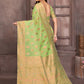 Janasya Green Cotton Linen Ethnic Print Kanjivaram Saree | Swadesiicart