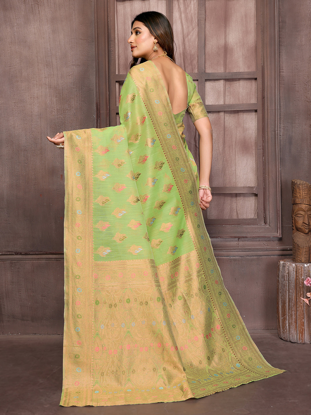 Janasya Green Cotton Linen Ethnic Print Kanjivaram Saree | Swadesiicart